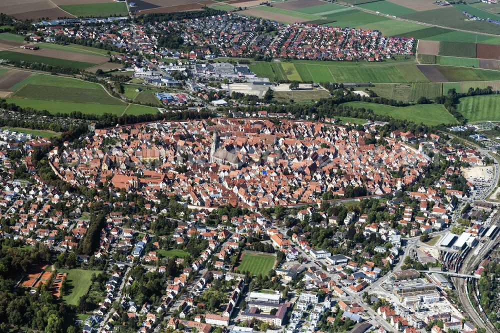 Nördlingen from above - Old Town area and city center in Noerdlingen in the state Bavaria, Germany