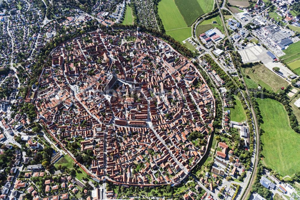 Aerial image Nördlingen - Old Town area and city center in Noerdlingen in the state Bavaria, Germany