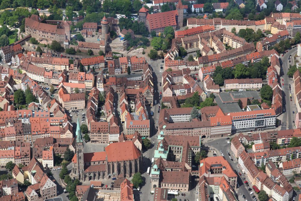 Nürnberg from above - Old Town area and city center in the district Altstadt - Sankt Lorenz in Nuremberg in the state Bavaria, Germany
