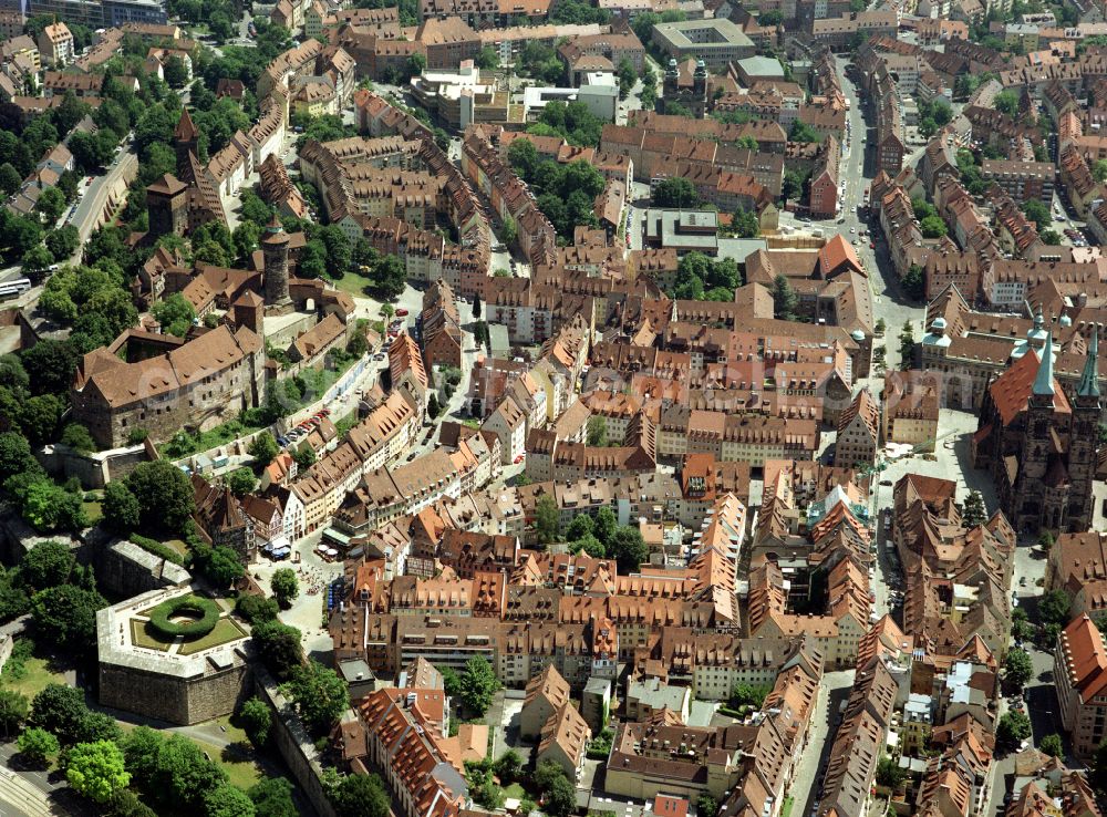 Nürnberg from above - Old Town area and city center in the district Altstadt - Sankt Lorenz in Nuremberg in the state Bavaria, Germany