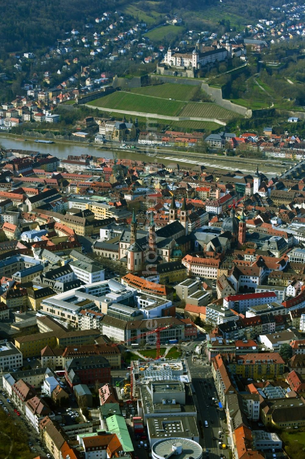 Würzburg from above - Old Town area and city center in the district Altstadt in Wuerzburg in the state Bavaria, Germany