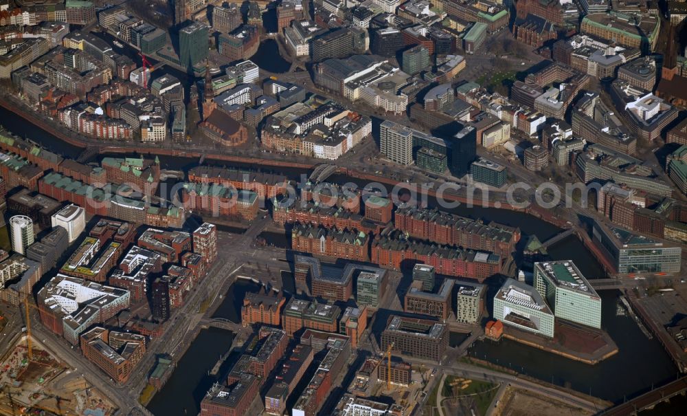 Aerial photograph Hamburg - Old Town area and city center on Speicherstadt in the district HafenCity in Hamburg, Germany