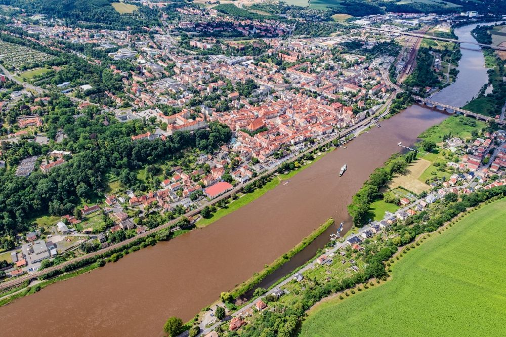 Pirna from above - Old town area and downtown center in Pirna on the Elbe river in the state Saxony, Germany