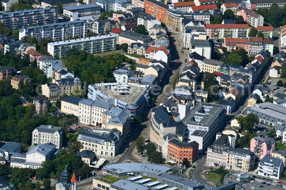 Aerial photograph Plauen - Old Town area and city center on street Bahnhofstrasse in Plauen in Vogtland in the state Saxony, Germany