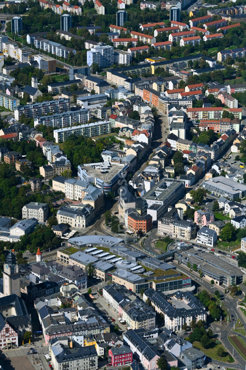 Plauen from the bird's eye view: Old Town area and city center on street Bahnhofstrasse in Plauen in Vogtland in the state Saxony, Germany