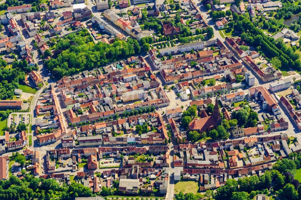 Aerial image Pritzwalk - Old Town area and city center in Pritzwalk in the state Brandenburg, Germany