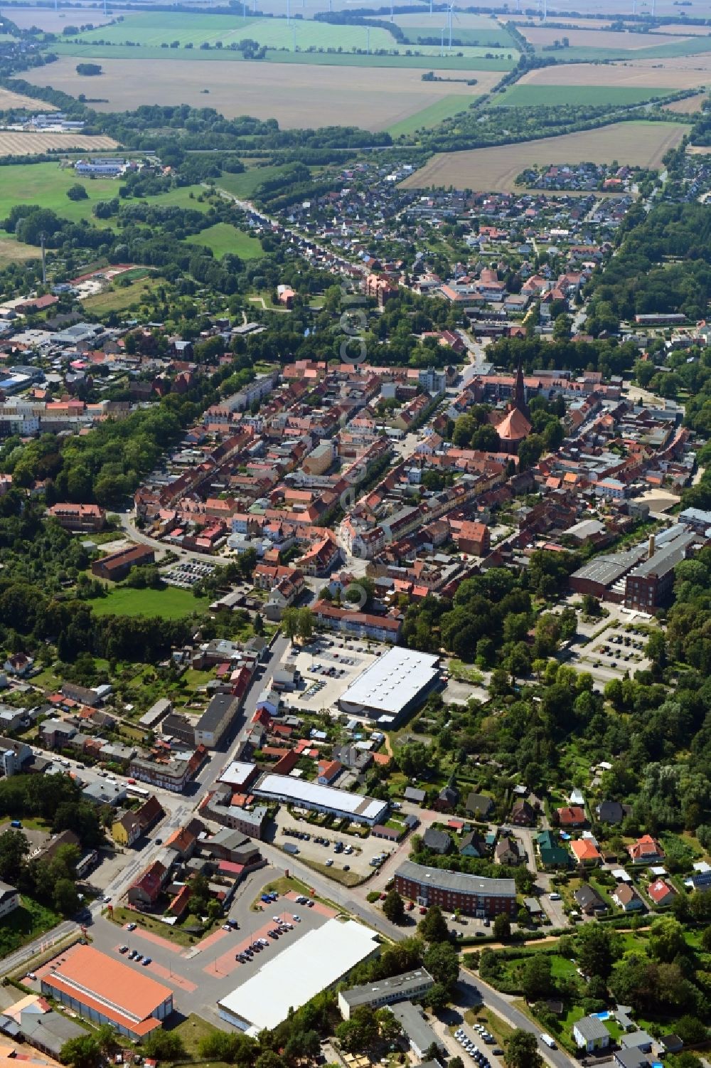 Pritzwalk from above - Old Town area and city center in Pritzwalk in the state Brandenburg, Germany