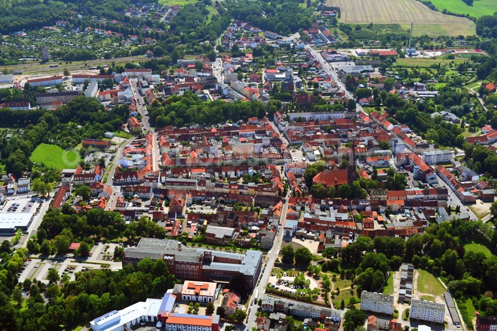 Pritzwalk from the bird's eye view: Old Town area and city center in Pritzwalk in the state Brandenburg, Germany
