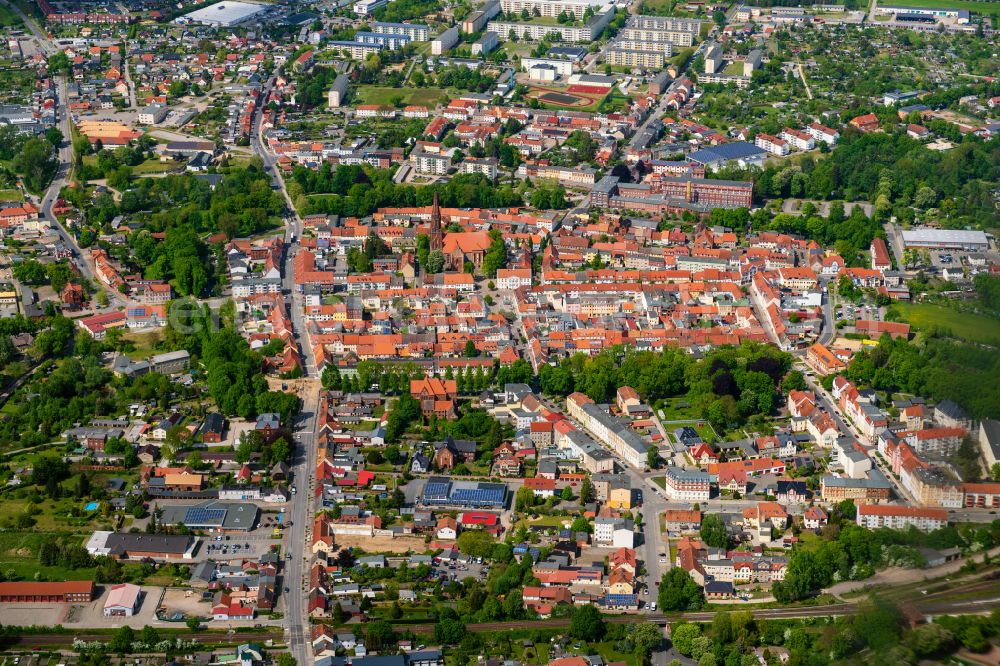 Pritzwalk from the bird's eye view: Old Town area and city center in Pritzwalk in the state Brandenburg, Germany