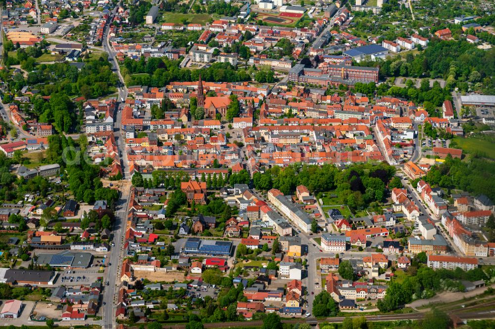 Aerial image Pritzwalk - Old Town area and city center in Pritzwalk in the state Brandenburg, Germany