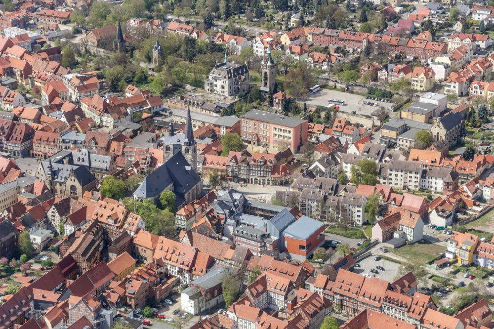 Aerial image Quedlinburg - Old Town area and city center on street Markt in Quedlinburg in the state Saxony-Anhalt, Germany