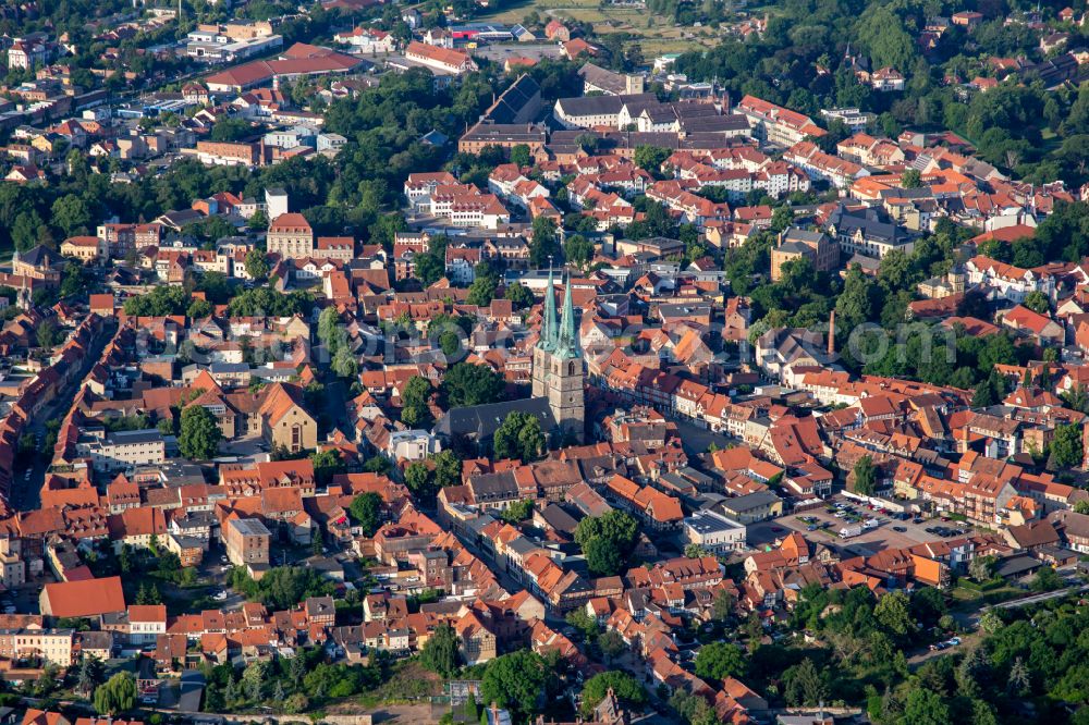 Quedlinburg from above - Old Town area and city center on street Markt in Quedlinburg in the state Saxony-Anhalt, Germany