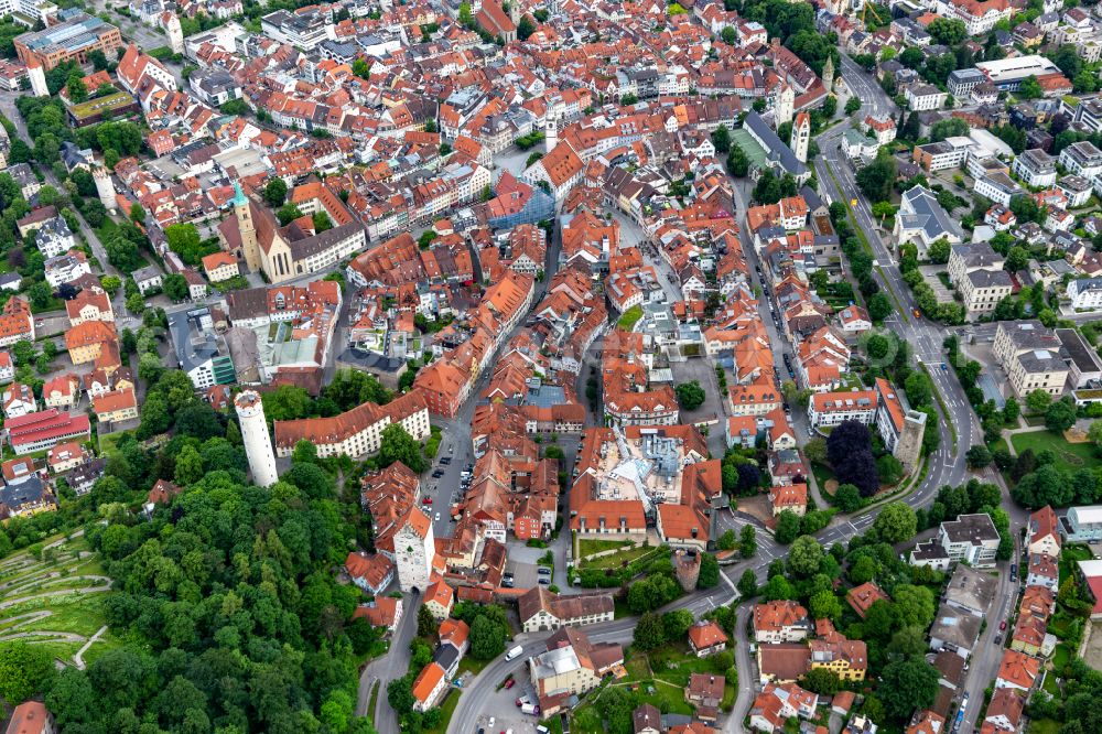 Ravensburg from above - Old Town area and city center with Mehlsack, Evangelische Stadtkirche and Obertor in Ravensburg in the state Baden-Wuerttemberg, Germany