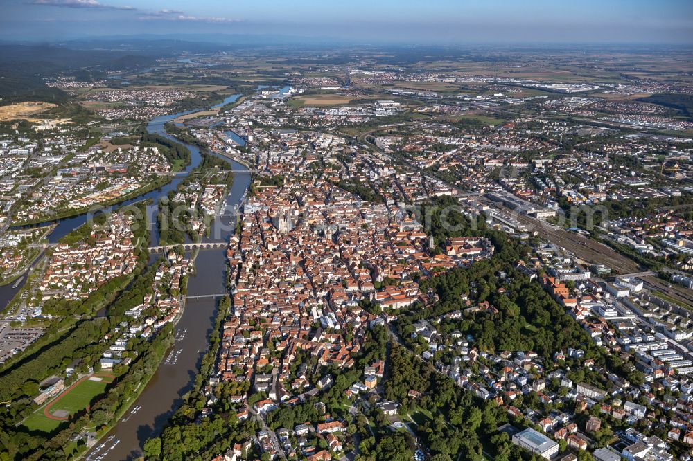 Aerial image Regensburg - Old Town area and city center on the banks of the Danube river on place Neupfarrplatz in Regensburg in the state Bavaria, Germany