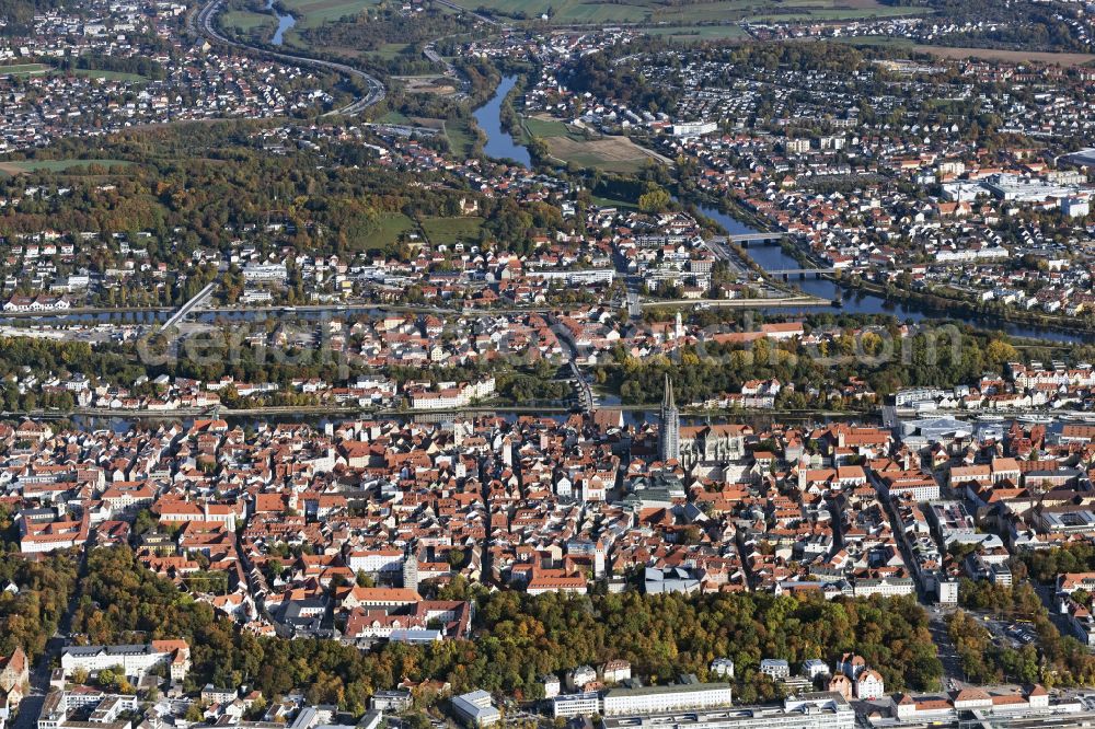 Regensburg from the bird's eye view: Old Town area and city center on the banks of the Danube river on place Neupfarrplatz in Regensburg in the state Bavaria, Germany