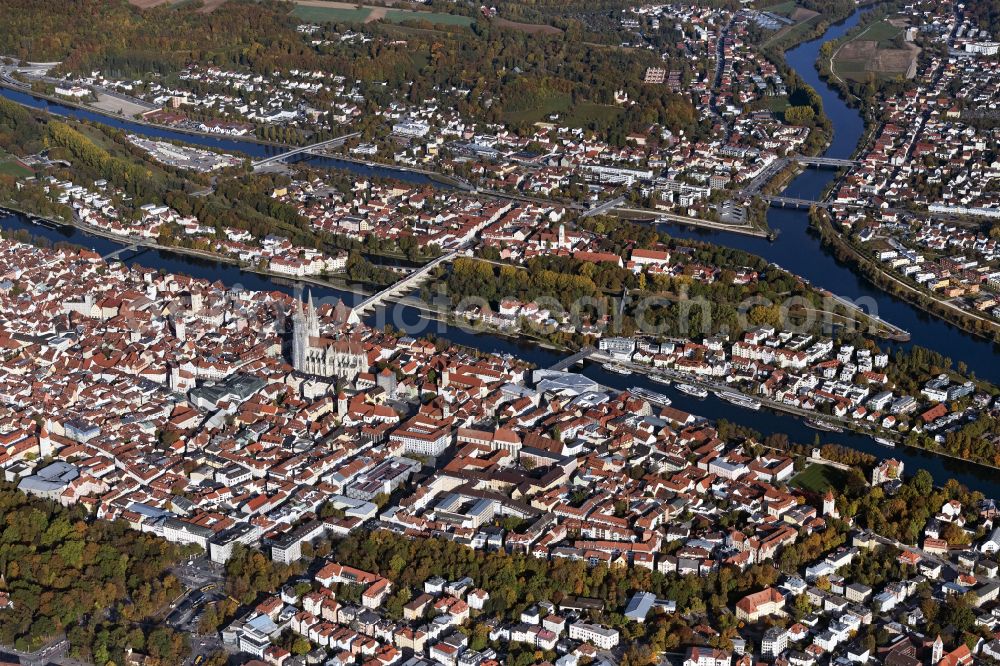 Regensburg from above - Old Town area and city center on the banks of the Danube river on place Neupfarrplatz in Regensburg in the state Bavaria, Germany