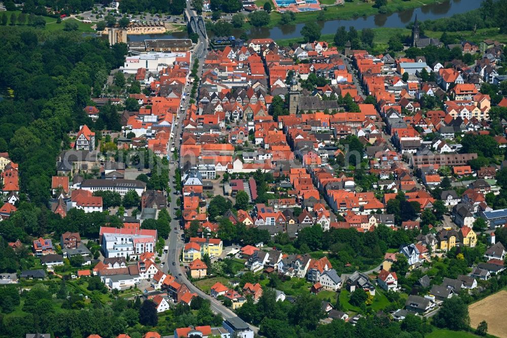Rinteln from above - Old Town area and city center on Weser in Rinteln in the state Lower Saxony, Germany