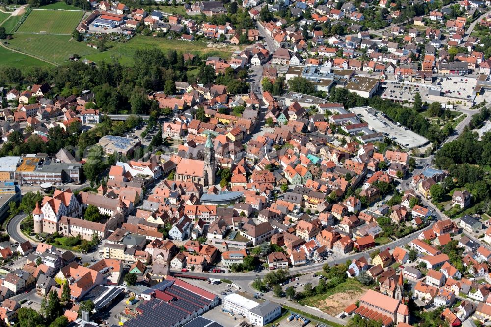 Aerial image Roth - Old Town area and city center overlooking the citys church and the castle Schloss Ratibor in Roth in the state Bavaria, Germany