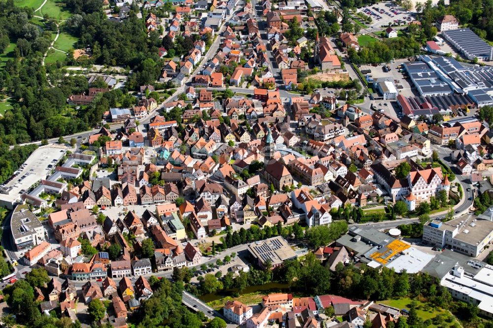 Roth from above - Old Town area and city center overlooking the citys church and the castle Schloss Ratibor in Roth in the state Bavaria, Germany
