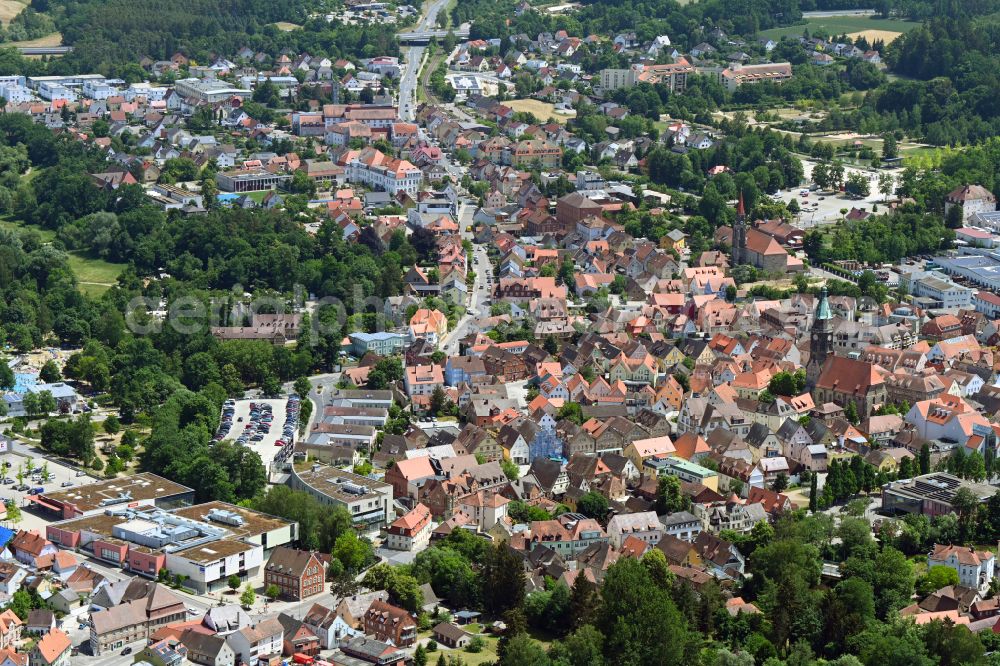 Roth from above - Old Town area and city center overlooking the citys church and the castle Schloss Ratibor in Roth in the state Bavaria, Germany