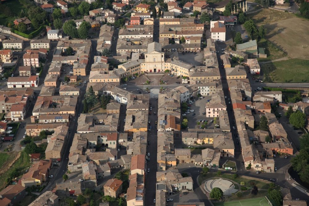 Aerial image San Lorenzo Nuovo - Old Town area and city center in San Lorenzo Nuovo in Italy. The place was built in place of the old San Lorenzo after a malaria epidemic. He Was commissioned by the Roman architect Francesco Navone, who planned the new location geometrically. He designed the place with a central octagonal square with a church and houses with two different flat patterns. In 1774 the foundation stone was laid