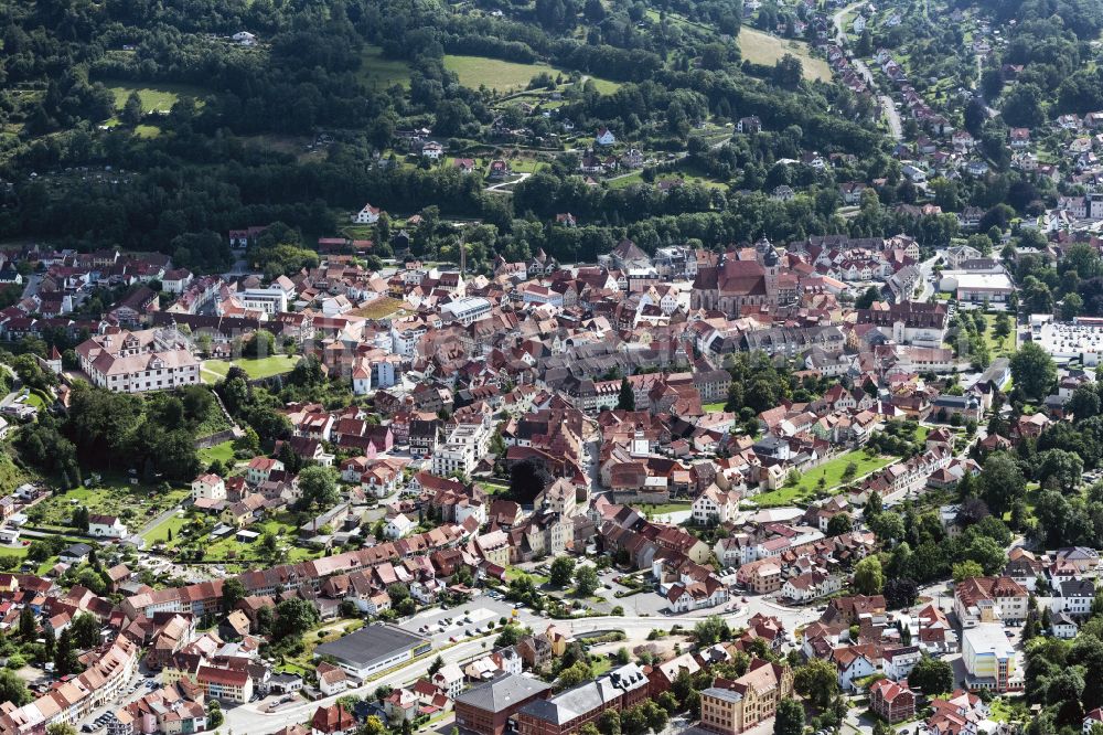 Schmalkalden from the bird's eye view: Old Town area and city center in Schmalkalden at Thueringer Wald in the state Thuringia, Germany