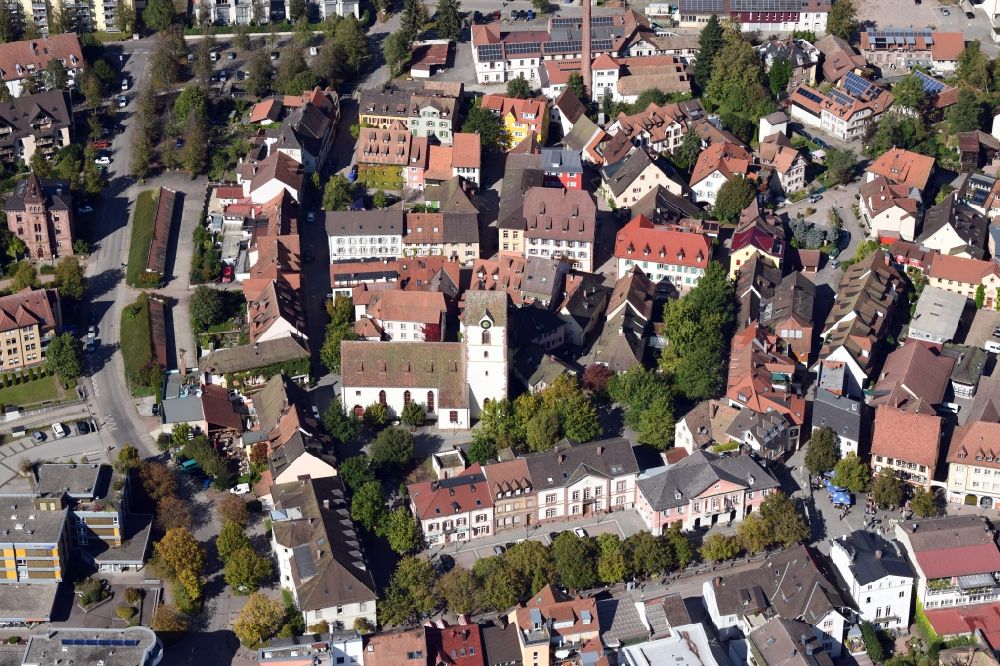 Aerial photograph Schopfheim - Old Town area and city center with the protestant church St. Michael in Schopfheim in the state Baden-Wurttemberg, Germany