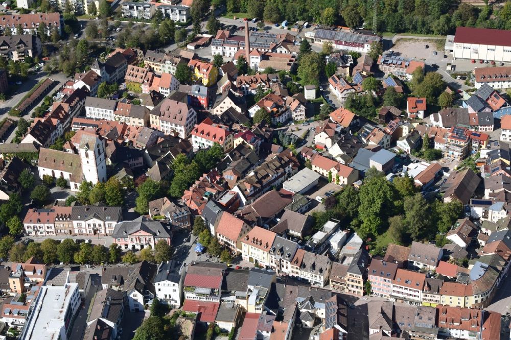 Schopfheim from above - Old Town area and city center with the protestant church St. Michael in Schopfheim in the state Baden-Wurttemberg, Germany