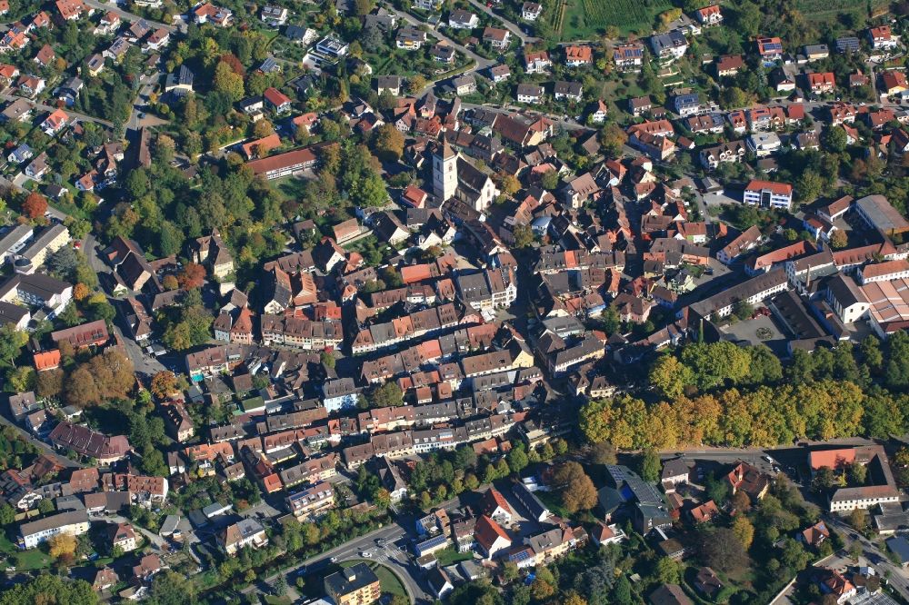 Aerial image Staufen im Breisgau - Old Town area and historical city center in Staufen im Breisgau in the state Baden-Wurttemberg, Germany