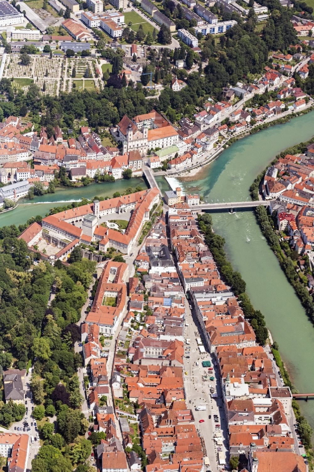 Steyr from above - Old Town area and city center on Muendung of Steyr in die Enns in Steyr in Oberoesterreich, Austria
