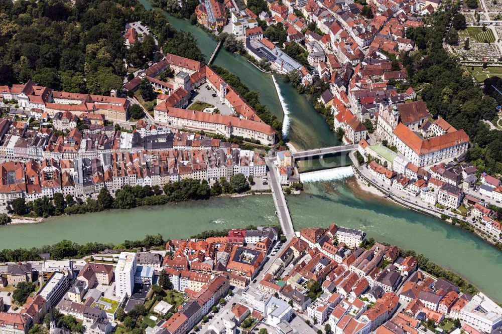 Aerial photograph Steyr - Old Town area and city center on Muendung of Steyr in die Enns in Steyr in Oberoesterreich, Austria