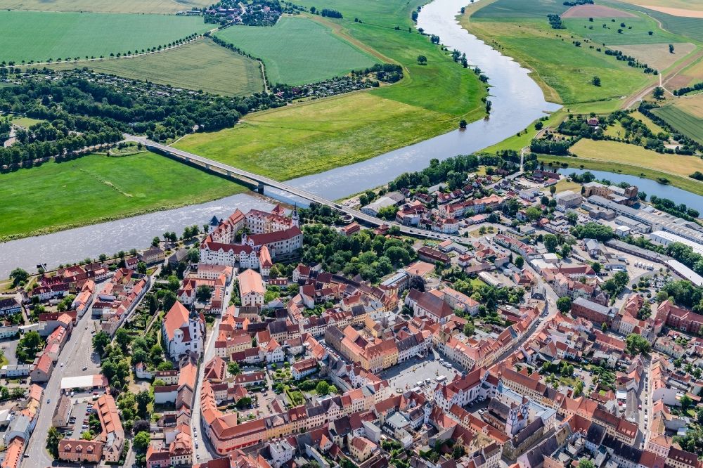 Aerial image Torgau - Old Town area and city center on the course of the river Elbe in Torgau in the state Saxony, Germany