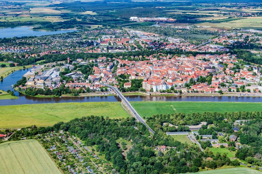 Torgau from above - Old Town area and city center in Torgau in the state Saxony, Germany