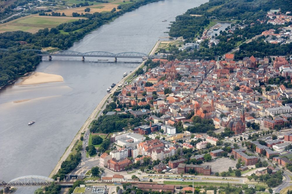 Aerial image Torun - Old Town area and city center with Weichselbruecke in Torun in Kujawsko-Pomorskie, Poland