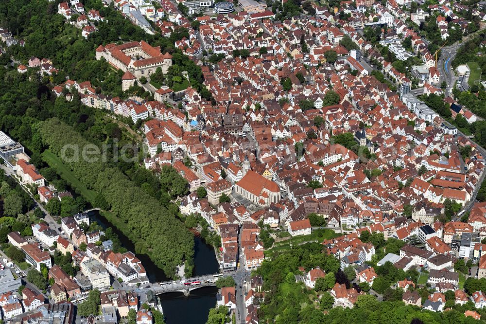Tübingen from above - Old Town area and city center in Tuebingen in the state Baden-Wurttemberg, Germany