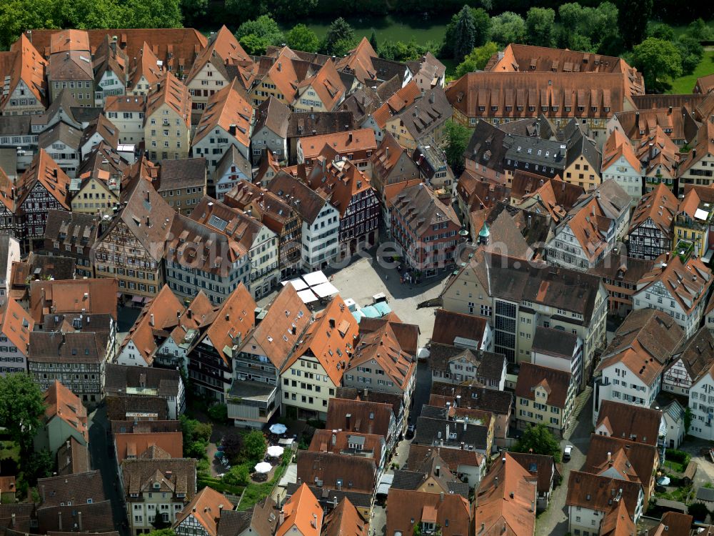 Tübingen from above - Old Town area and city center on street Am Markt in Tuebingen in the state Baden-Wuerttemberg, Germany