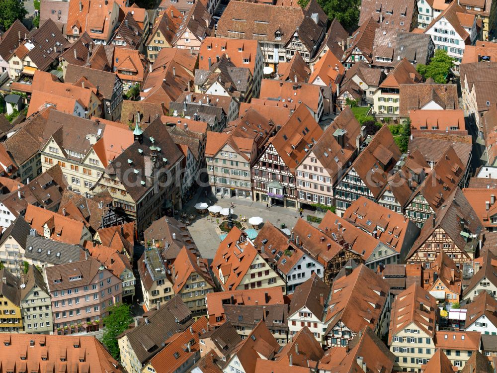 Tübingen from above - Old Town area and city center on street Am Markt in Tuebingen in the state Baden-Wuerttemberg, Germany