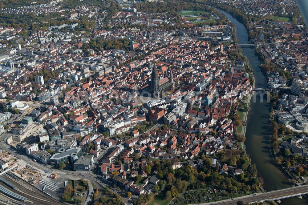 Ulm from above - Old Town area and city center in Ulm in the state Baden-Wuerttemberg, Germany