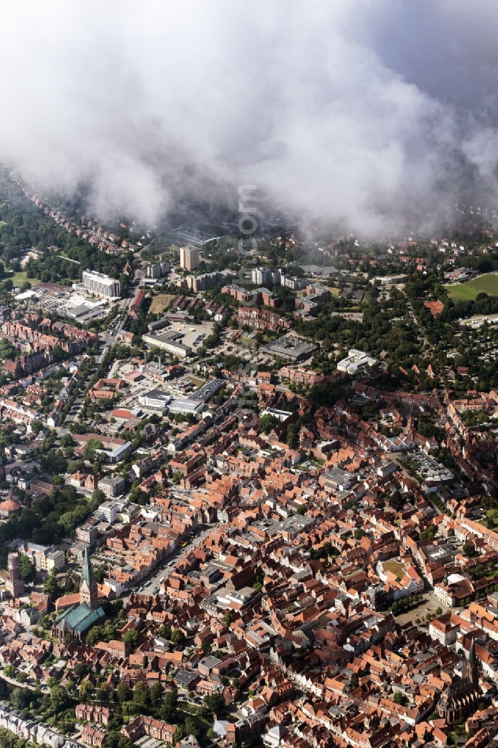 Lüneburg from above - Old Town area and city center unter einer Wolke in Lueneburg in the state Lower Saxony, Germany