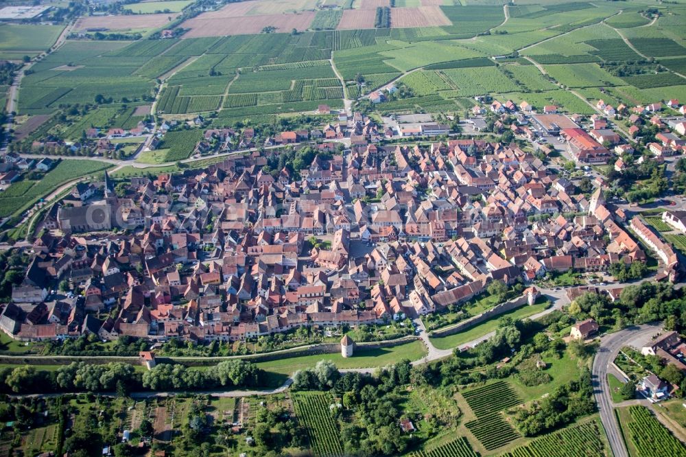Aerial image Bergheim - Old Town area and city center of the medieval wine town Bergheim in Alsace-Champagne-Ardenne-Lorraine, France