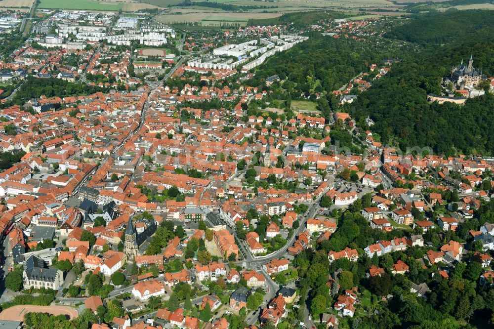 Wernigerode from above - Old Town area and city center in Wernigerode in the state Saxony-Anhalt, Germany
