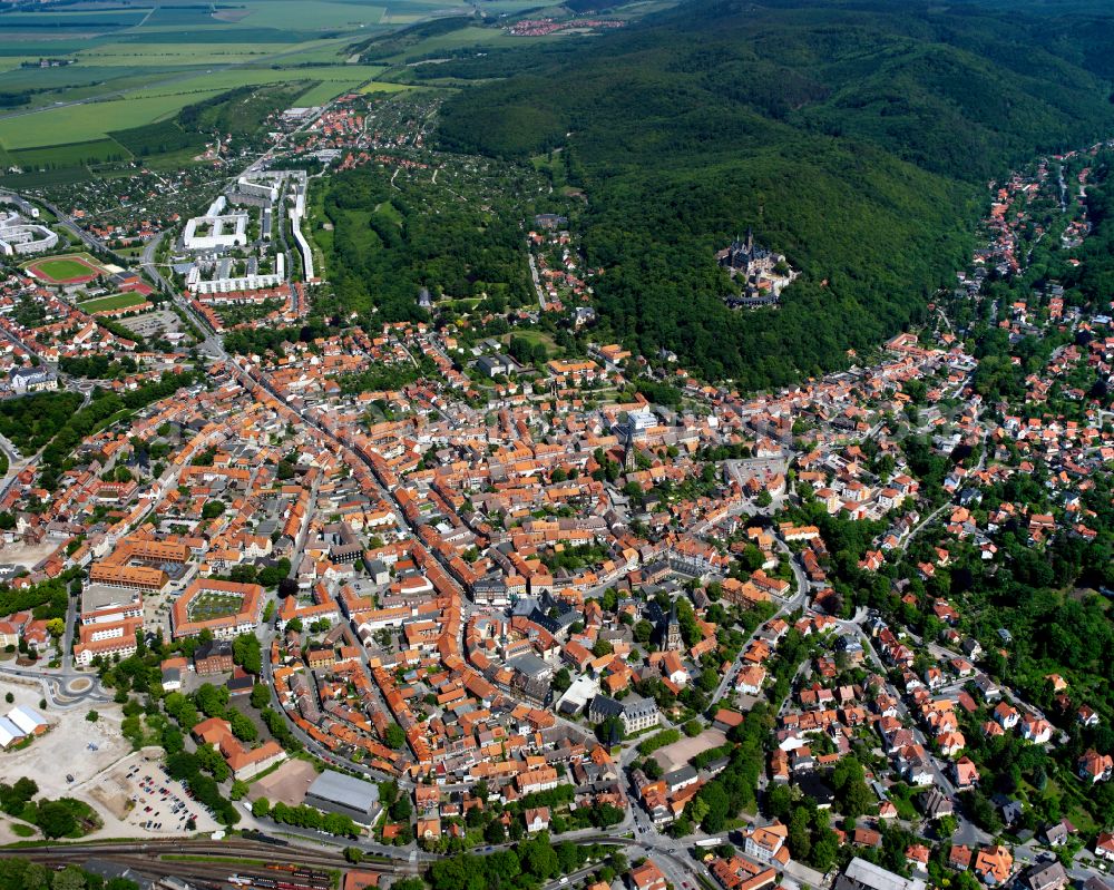Aerial image Wernigerode - Old Town area and city center in Wernigerode in the Harz in the state Saxony-Anhalt, Germany