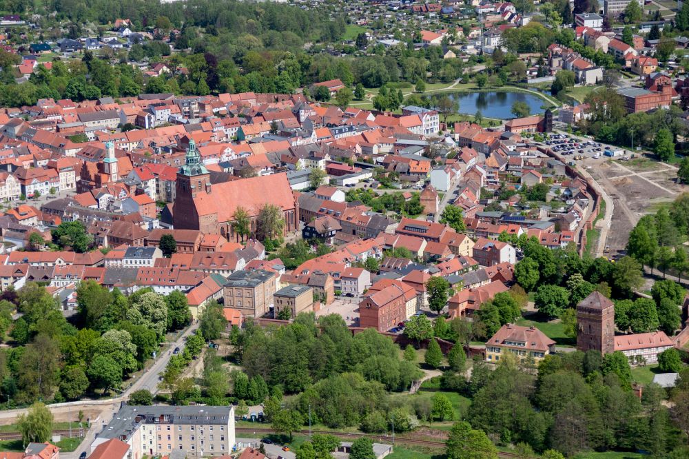 Wittstock/Dosse from the bird's eye view: Old Town area and city center in Wittstock/Dosse in the state Brandenburg, Germany