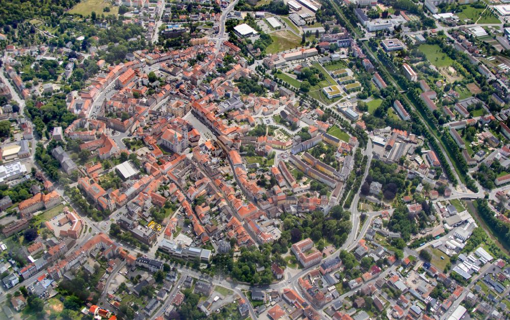 Aerial photograph Zittau - Old Town area and city center on place Johannisplatz in Zittau in the state Saxony, Germany