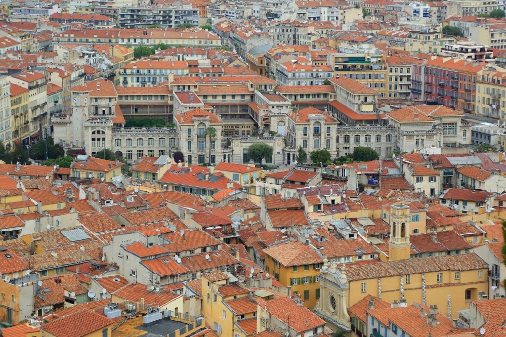 Nizza from above - Old Town area in the district Vieux Nice and historical school buildings of Lycee Massena in Nice in Provence-Alpes-Cote d'Azur, France