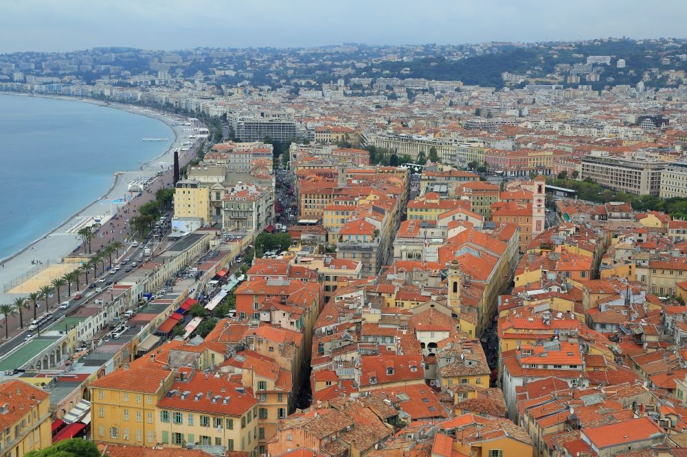 Aerial image Nizza - Old Town area in the district Vieux Nice and view to the Center of Nice with the Promenade des Anglais ( Walkway of the English ) in Provence-Alpes-Cote d'Azur, France