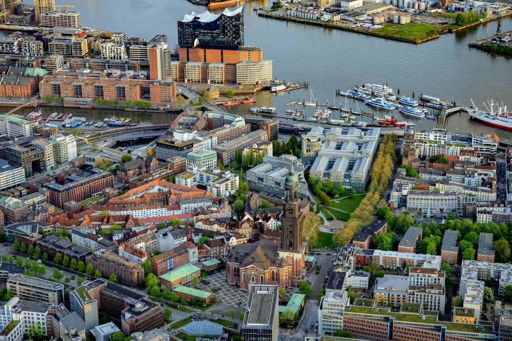 Hamburg from the bird's eye view: Old town area with the Portuguese Quarter, Sankt Michaelis, Speicherstadt and Hafencity with the Elbphilharmonie in Hamburg, Germany
