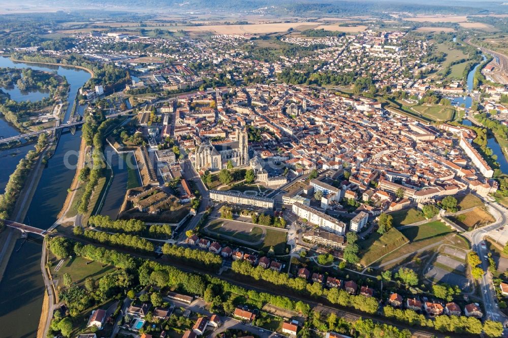 Toul from the bird's eye view: City center in the downtown area on the banks of river course Mosel in Toul in Grand Est, France