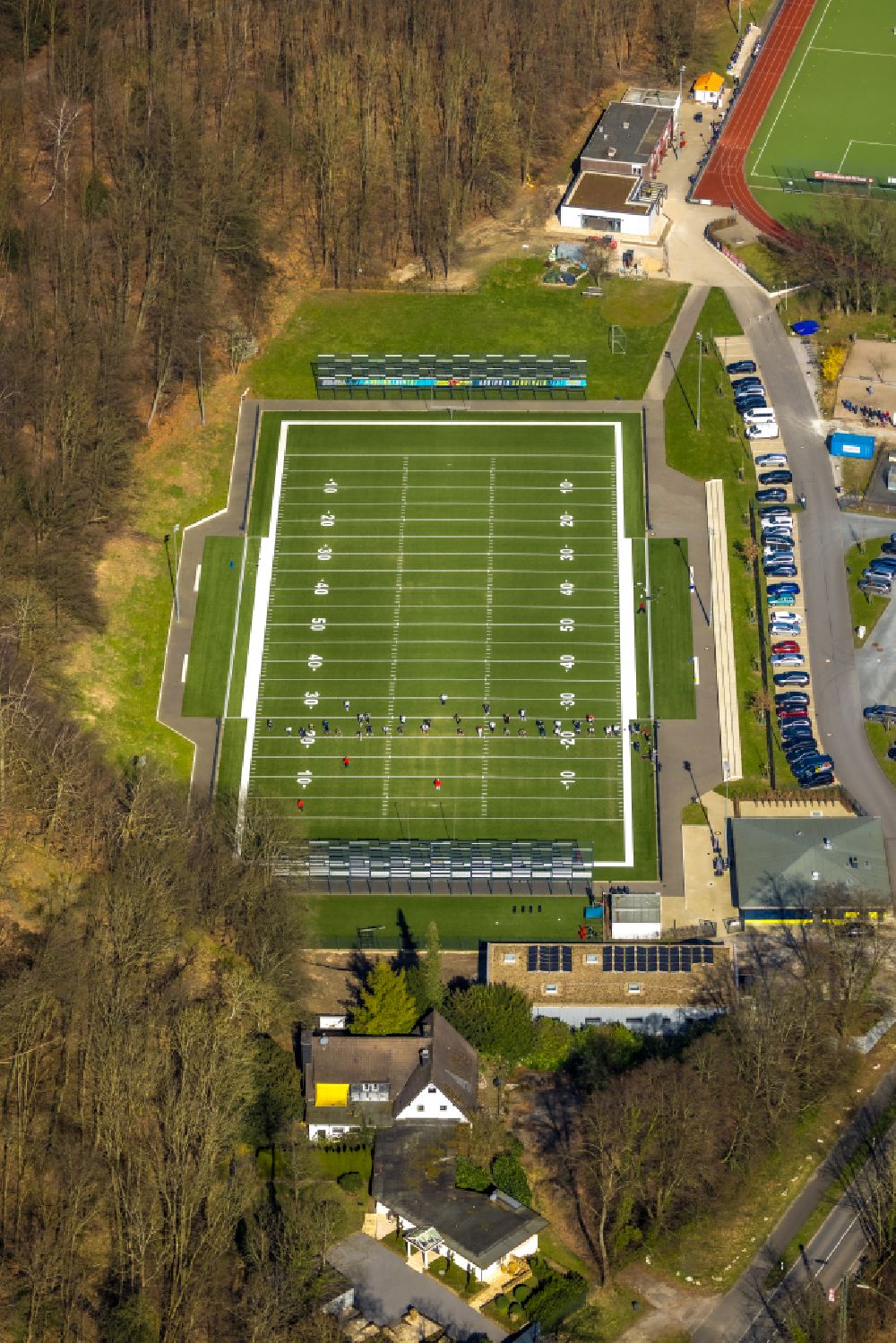 Aerial image Kettwig - Sports field american football of the soccer sports club Kettwig e.V. on Ruhrtalstrasse in Kettwig in the state North Rhine-Westphalia, Germany