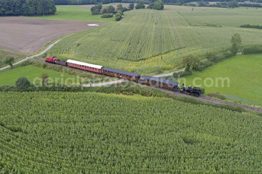 Aerial image Scheggerott - Steam train Angelner Dampfeisenbahn near Scheggerott in the state Schleswig-Holstein, Germany